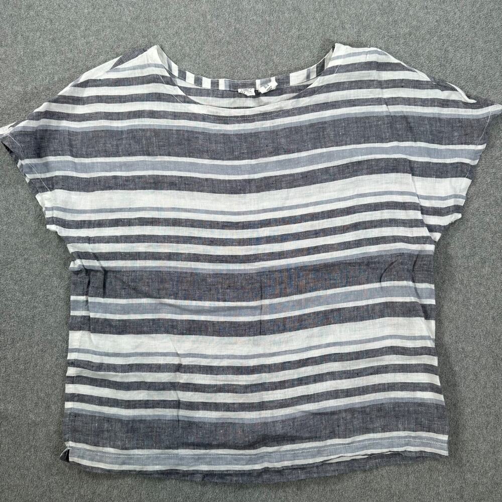 Artisan NY 100% Linen Striped Short Cap Sleeve Top Women's Medium Gray/Blue